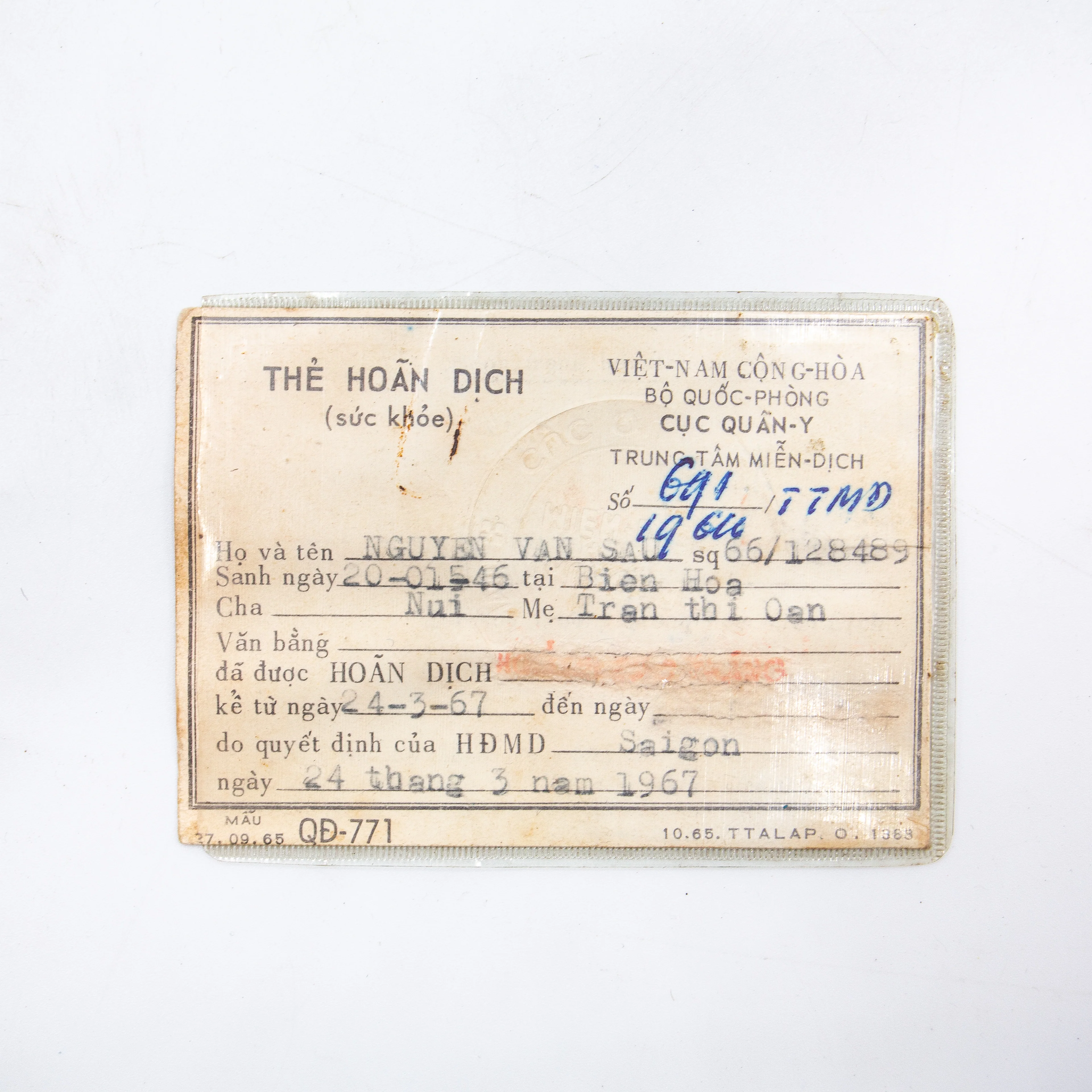 Original 60s South Vietnamese Military Service Medical Deferment Card - Image 2